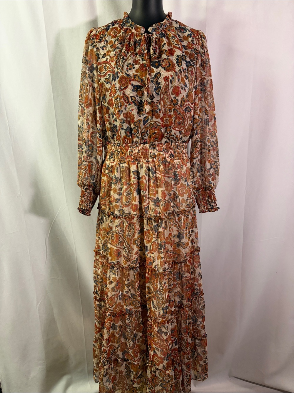 NWT 1.State Multicolor Shimmery Floral Paisley Long Sleeve Smocked Midi Dress